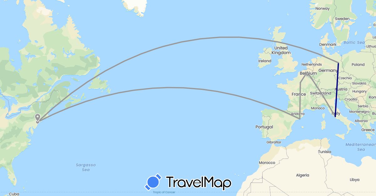 TravelMap itinerary: driving, plane in Belgium, Germany, Spain, France, Italy, United States (Europe, North America)